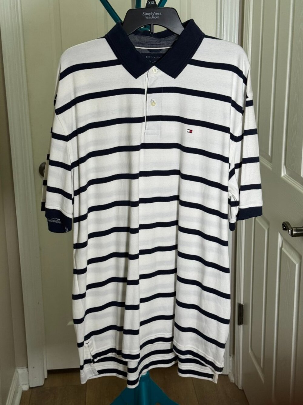 Tommy Hilfiger Polo Shirt XXL White Navy Striped Classic Fit Short Sleeve
